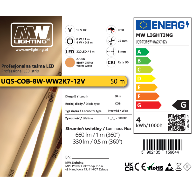 Taśma LED COB 8W/m 12V 2700K - 50m